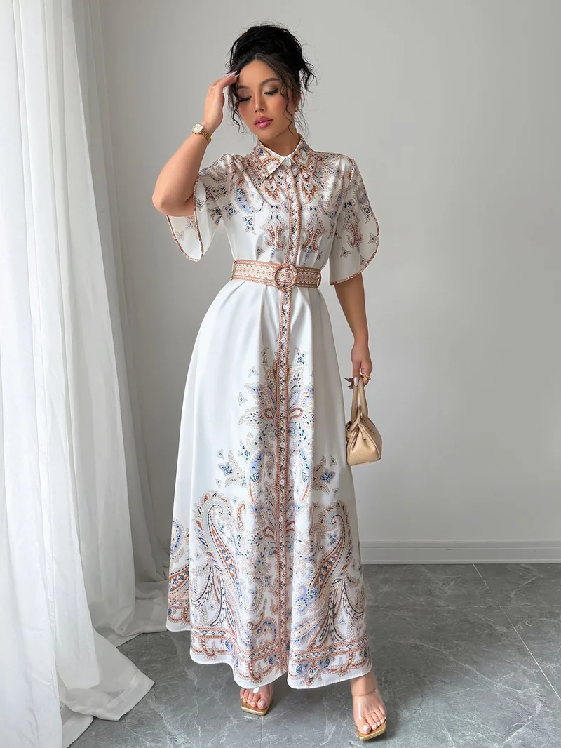 Outzidr  White Button Down Printed Shirt Dress for Women | Best Price UAE